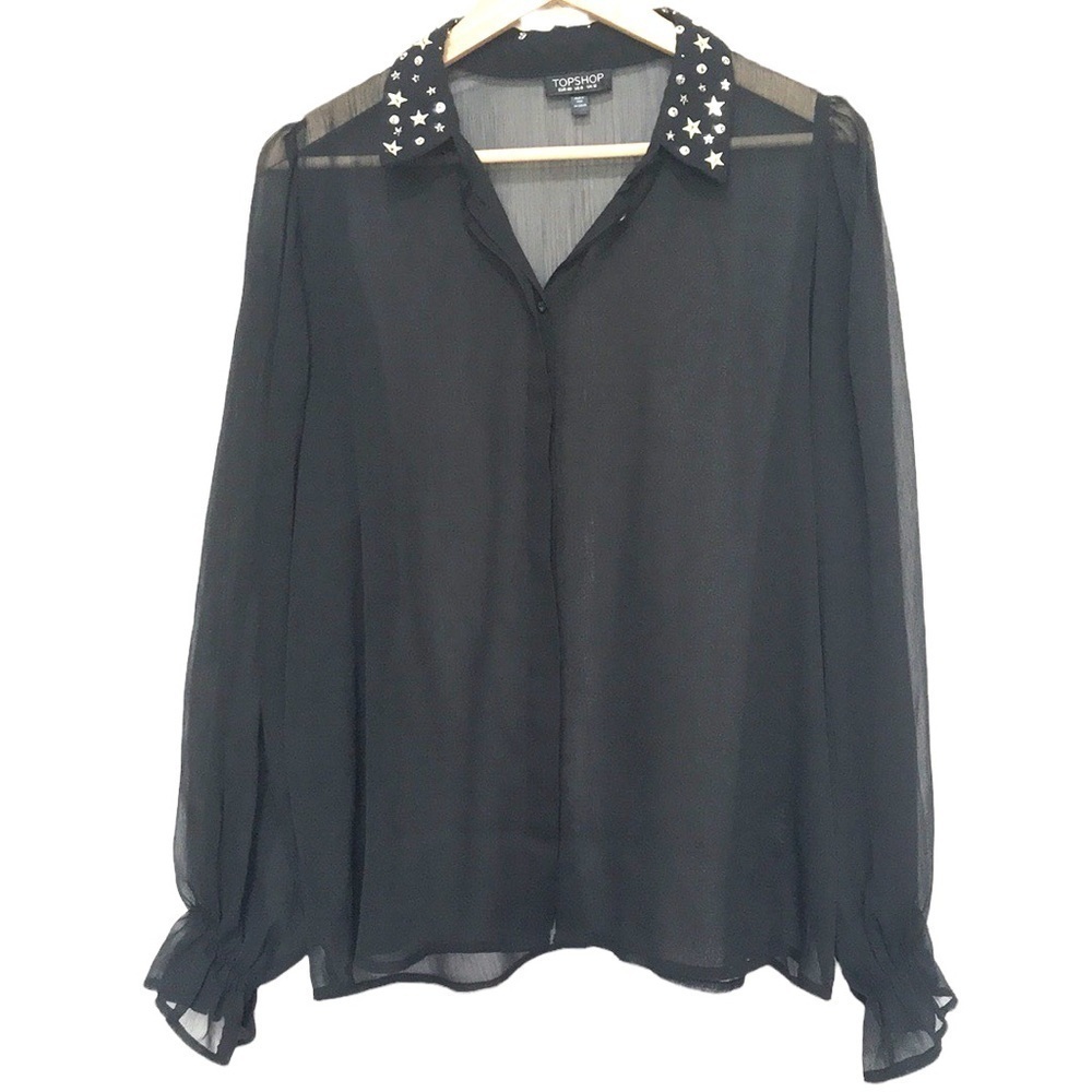 TOPSHOP black sheer long sleeve sequin collar shirt blouse sz 8